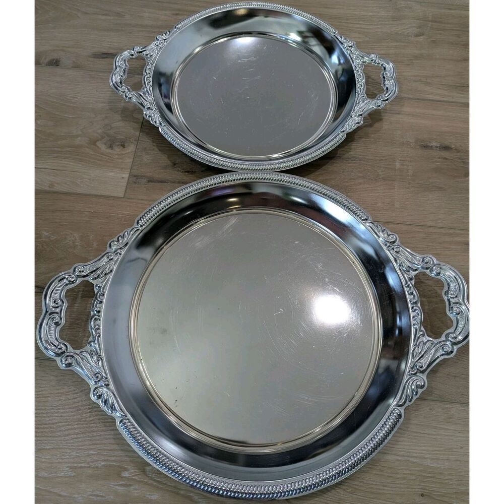Vintage Silver Serving Trays Metal Set of 2 Ornate Japan MCM 50s 60s